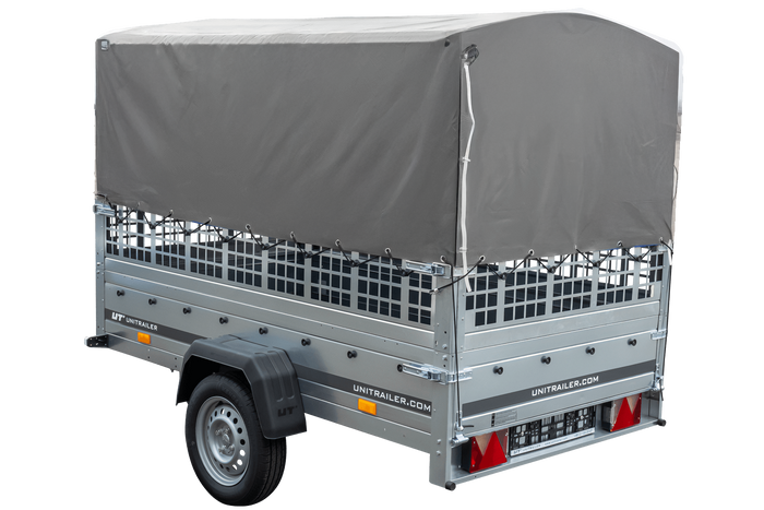 PKW-Anhänger 230x125 UNITRAILER GARDEN 230 KIPP mit Gitterwänden und grauer Hochplane