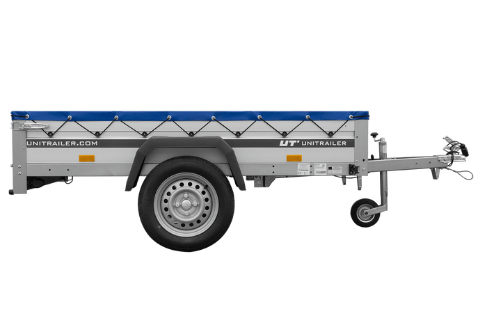 Einachsanhänger mit Aluminiumseitenwänden 200x125 Unitrailer Garden 201 KIPP ALU mit H-0-Rahmen und blauer Plane