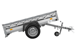 Einachsiger Anhänger auf Blattfedern mit Aluminiumseitenwänden 200x125 Unitrailer Garden 201/R KIPP ALU mit H-0-Rahmen und grauer Plane