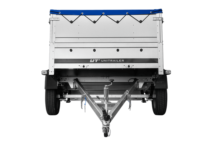 Leichtanhänger auf Blattfedern 200x125 UNITRAILER GARDEN 201/R KIPP mit BIS-Seiten, H-0-Rahmen und blauer Plane