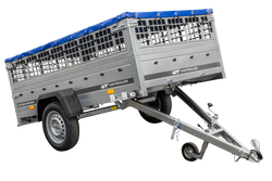 PKW-Anhänger 230x125 UNITRAILER GARDEN 230 KIPP mit Gitterwänden und blauer Abdeckung