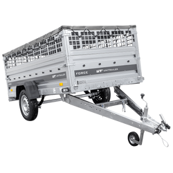 Einachsiger Anhänger auf Blattfedern 264x125 UNITRAILER FORCE 264/R KIPP mit Gitterseitenwänden, H-0-Rahmen und grauer Plane