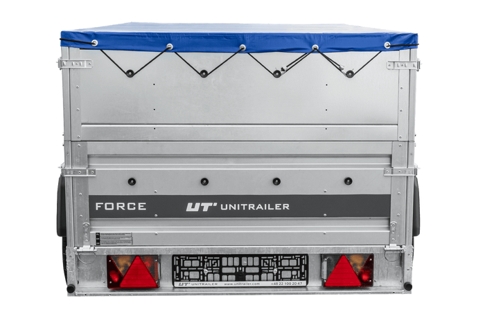 Autotransportanhänger auf Federn 230x125 UNITRAILER FORCE 230/R KIPP mit BIS-Seitenwänden, H-0-Rahmen und blauer Plane