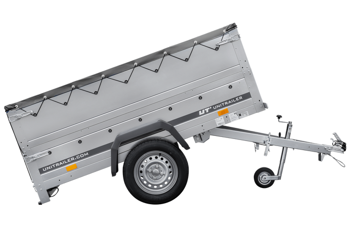 Autotransportanhänger 200x106 UNITRAILER GARDEN 200 KIPP mit BIS-Seitenwänden und grauer Plane
