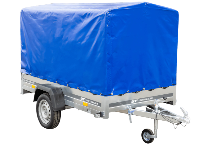 PKW-Anhänger auf Federn 230x125 UNITRAILER GARDEN 230/R KIPP mit H-1100 Rahmen und blauer Plane