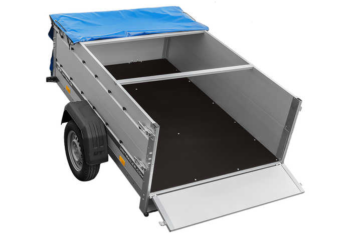 Autotransportanhänger mit Aluminiumwänden 200x125 Unitrailer Garden 201 KIPP ALU mit BIS-Seitenwänden, H-0-Rahmen und blauer Plane