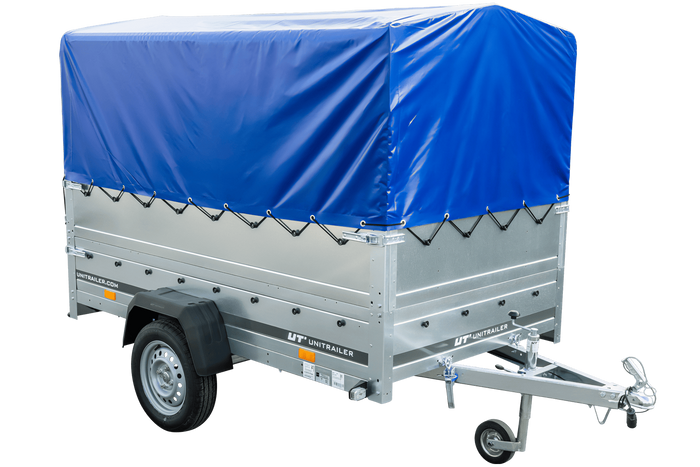 PKW-Anhänger 230x125 UNITRAILER GARDEN 230 KIPP mit Zusätzbordwänden und blauer Hochplane