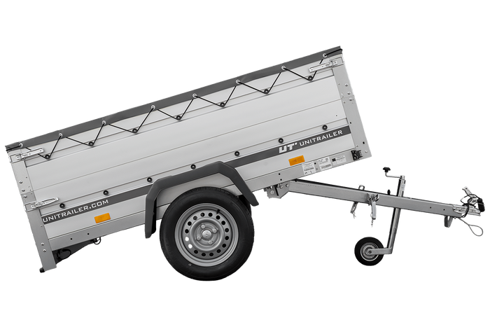 Autotransportanhänger mit Aluminiumwänden 200x125 Unitrailer Garden 201 KIPP ALU mit BIS-Seitenwänden, H-0-Rahmen und grauer Plane