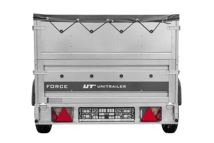 Leichter Anhänger 230x125 UNITRAILER FORCE 230 KIPP mit BIS-Seitenwänden, H-0-Rahmen und grauer Plane