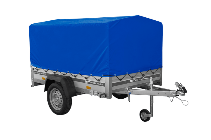 Einachsanhänger mit Aluminiumseitenwänden 200x125 Unitrailer Garden 201 KIPP ALU mit H-800 Rahmen und blauer Plane
