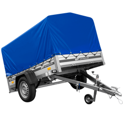 Autotransportanhänger auf Federn mit Aluminiumseitenwänden 200x125 Unitrailer Garden 201/R KIPP ALU mit H-800 Rahmen und blauer Plane