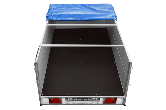Einachsanhänger mit Aluminiumseitenwänden 230x125 Unitrailer Garden 230 KIPP ALU mit BIS-Seitenwänden, H-0-Rahmen und blauer Plane