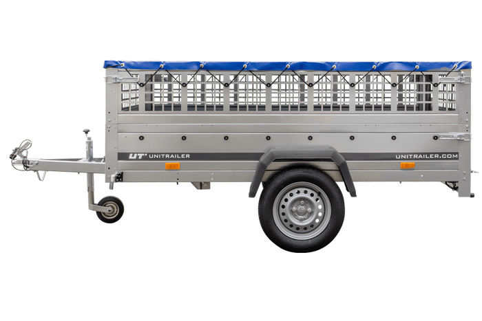 PKW-Anhänger 230x125 UNITRAILER GARDEN 230 KIPP mit Gitterbordwänden und blauer Plane