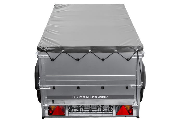 Gartenanhänger 200 Kipp mit Stützrad, zwei Seitenwänden, H-0-Rahmen und grauer Plane