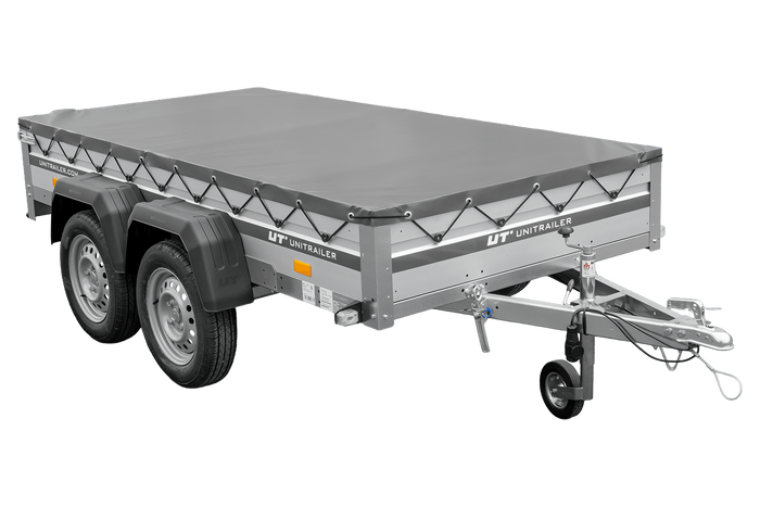 Zweiachsiger Anhänger mit Aluminiumseitenwänden 264x125 Unitrailer Garden 264/2 KIPP ALU mit H-0-Rahmen und grauer Plane