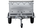 Gartenanhänger 200 Kipp mit Stützrad, zwei Seitenwänden, H-0-Rahmen und grauer Plane