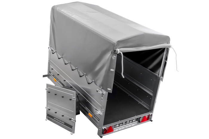 Leichter Anhänger 200x106 UNITRAILER GARDEN 200 KIPP mit BIS-Seitenwänden, H-800-Rahmen und grauer Plane