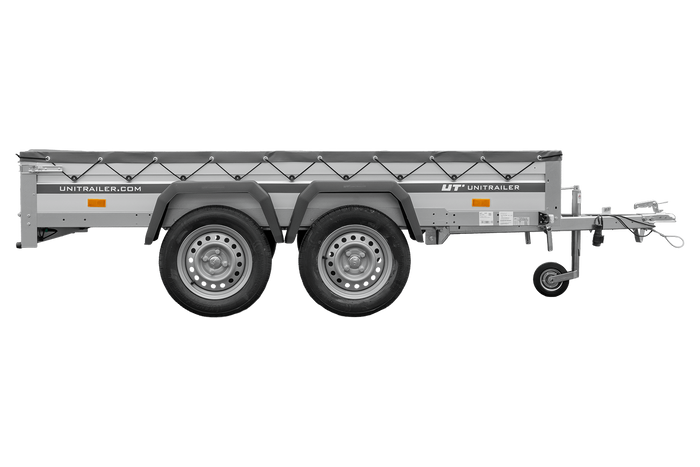 Zweiachsiger Anhänger mit Aluminiumseitenwänden 264x125 Unitrailer Garden 264/2 KIPP ALU mit H-0-Rahmen und grauer Plane