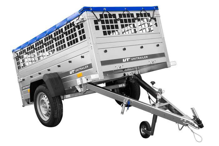 Einachsanhänger 200x106 UNITRAILER GARDEN 200 KIPP mit Maschenseitenwänden und blauer Plane
