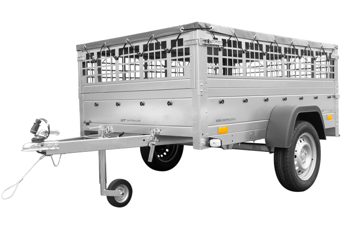PKW-Anhänger auf Federn 200x125 UNITRAILER GARDEN 201/R KIPP mit Gitterwänden, H-0-Rahmen und grauer Plane