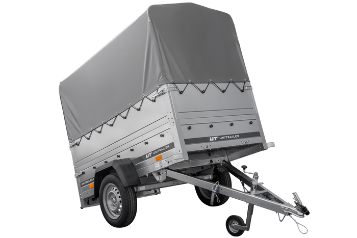 Leichter Anhänger 200x106 UNITRAILER GARDEN 200 KIPP mit BIS-Seitenwänden, H-800-Rahmen und grauer Plane