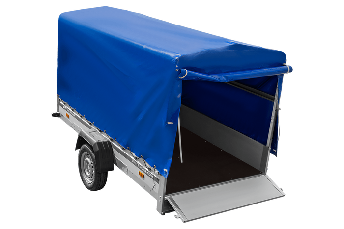 Autoanhänger mit Aluminiumseitenwänden 264x125 Unitrailer Garden 264 KIPP ALU mit H-1100 Rahmen und blauer Plane