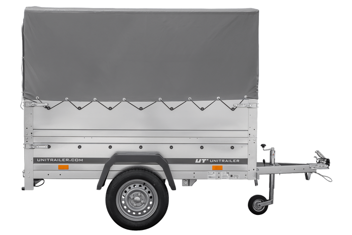 Leichter Anhänger 200x106 UNITRAILER GARDEN 200 KIPP mit BIS-Seitenwänden, H-800-Rahmen und grauer Plane