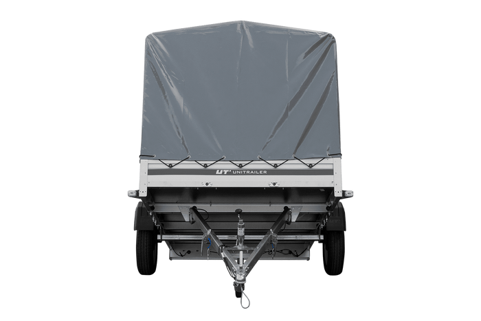 Autotransportanhänger mit Aluminiumseitenwänden 264x150 Unitrailer Garden 265 KIPP ALU mit H-1100 Rahmen und grauer Plane