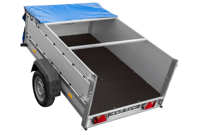 Autotransportanhänger mit Aluminiumwänden 200x125 Unitrailer Garden 201 KIPP ALU mit BIS-Seitenwänden, H-0-Rahmen und blauer Plane
