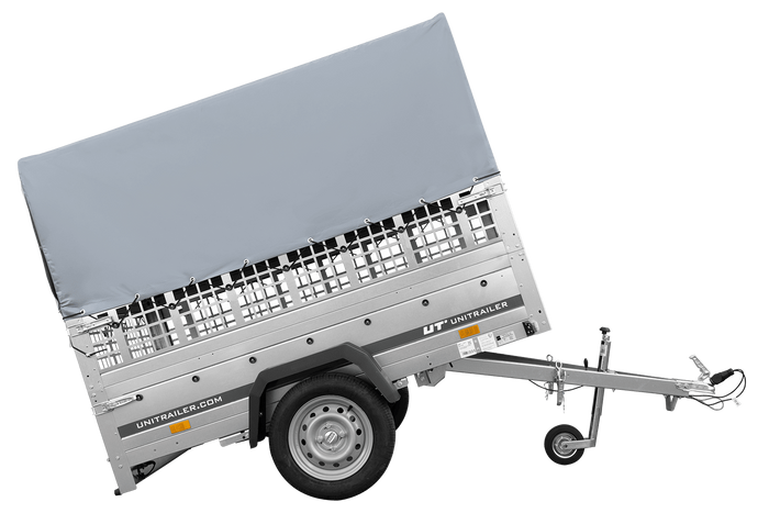 Einachsanhänger auf Federn 200x125 UNITRAILER GARDEN 201/R KIPP mit Gitterwänden, H-800-Rahmen und grauer Plane