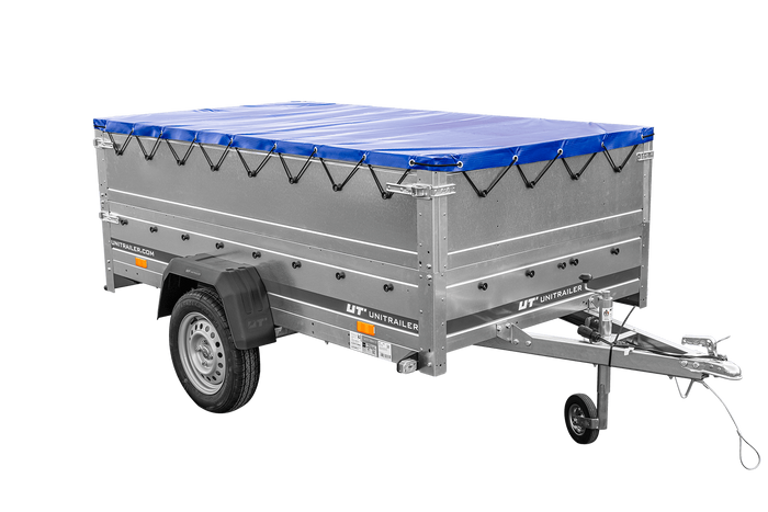 Unitrailer GARDEN TRAILER 230 FD Pkw-Anhänger mit Stützrad, zusätzlichen Bordwänden und blauer Plane