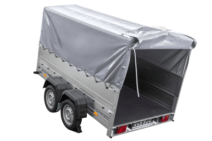 Leichter Anhänger 264x150 UNITRAILER GARDEN 265/2 KIPP mit BIS-Seitenwänden, H-800-Rahmen und grauer Plane