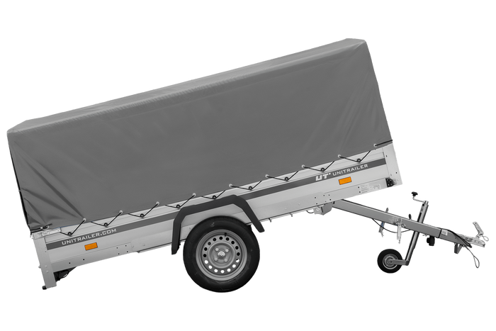 Einachsanhänger mit Aluminiumseitenwänden 264x125 Unitrailer Garden 264 KIPP ALU mit H-800 Rahmen und grauer Plane