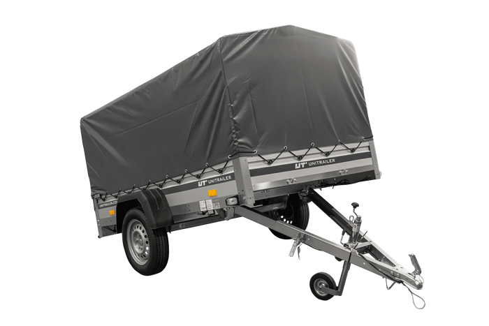 Einachsanhänger mit ALU-Bordwänden 230x125 Unitrailer Garden 230 KIPP ALU mit H-800 Rahmen und grauer Plane