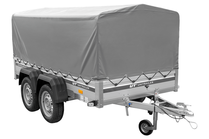 Zweiachsiger Anhänger mit Aluminiumseitenwänden 264x125 Unitrailer Garden 264/2 KIPP ALU mit H-800 Rahmen und grauer Plane