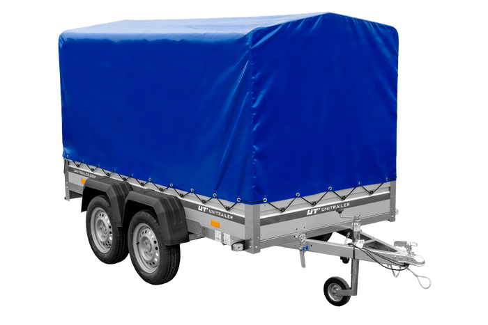 Zweiachsiger Anhänger mit Aluminiumseitenwänden 264x125 Unitrailer Garden 264/2 KIPP ALU mit Rahmen H-1100 und blauer Plane