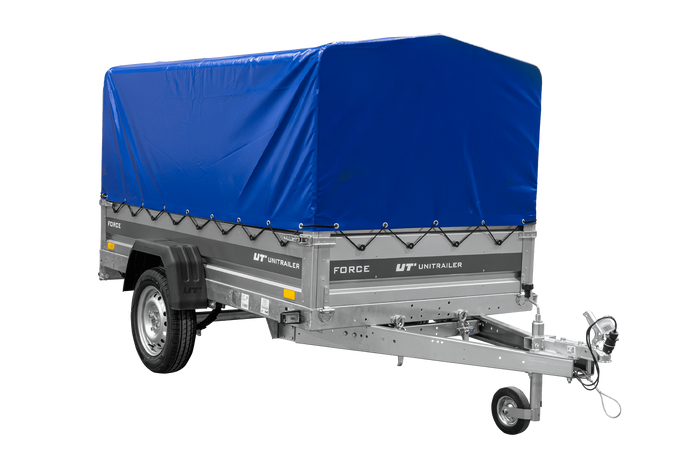 Anhänger mit Blattfedern 230x125 UNITRAILER FORCE 230/R KIPP mit H-800 Spriegel und blauer Hochplane