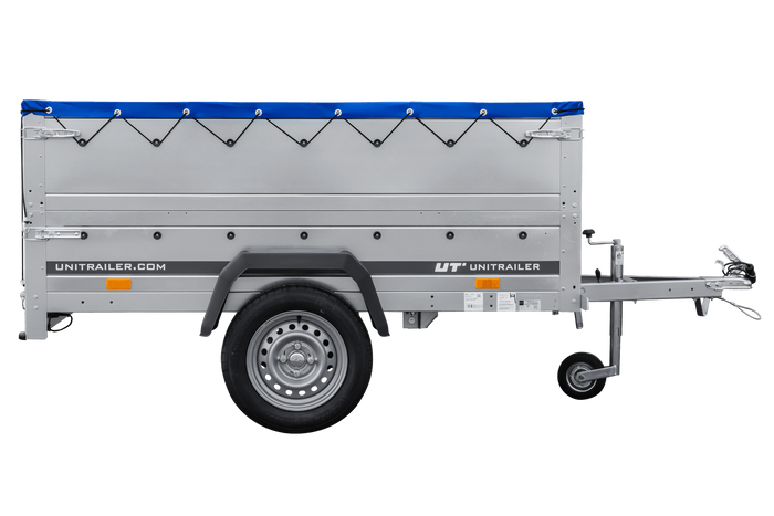 Gartenanhänger 200 Kipp mit Stützrad, zwei Seitenwänden, H-0-Rahmen und blauer Plane