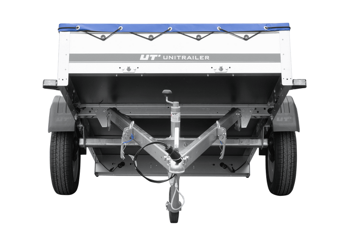 PKW-Anhänger 200x125 UNITRAILER GARDEN 201 KIPP mit blauer Flachplane und Flachplanenträger