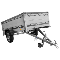 Einachsanhänger mit ALU-Bordwänden 230x125 Unitrailer Garden 230 KIPP ALU mit BIS-Seitenwänden, H-0-Rahmen und grauer Plane