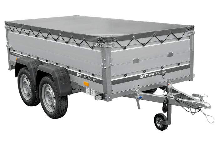 Zweiachsiger Anhänger mit Aluminiumseitenwänden 264x125 Unitrailer Garden 264/2 KIPP ALU mit BIS-Seitenwänden, H-0-Rahmen und grauer Plane