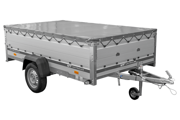Einachsanhänger mit Aluminiumseitenwänden 264x150 Unitrailer Garden 265 KIPP ALU mit BIS-Seitenwänden, H-0-Rahmen und grauer Plane
