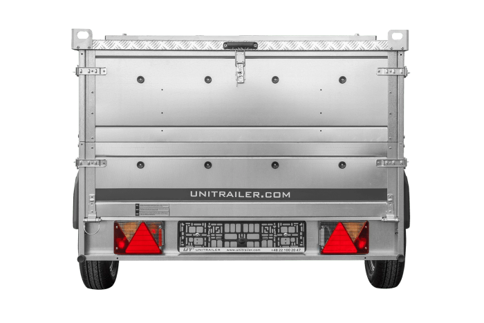 Einachsiger Anhänger auf Blattfedern 230x125 UNITRAILER GARDEN 230/R KIPP mit BIS-Seitenwänden und Aluminiumabdeckung