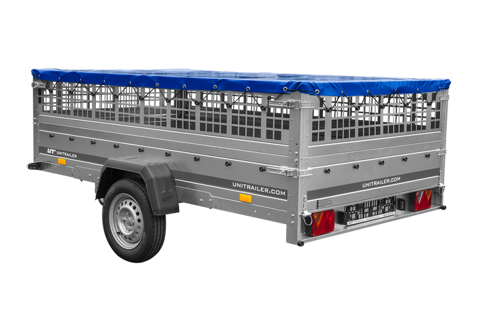 Anhänger 264x150 UNITRAILER GARDEN 265 KIPP mit Gitteraufsatz, Flachplanenträgern und blauer Plane