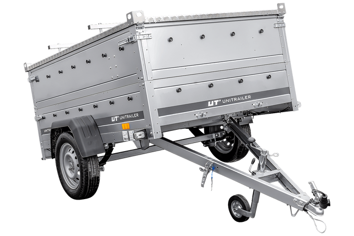 Einachsiger Anhänger auf Blattfedern 230x125 UNITRAILER GARDEN 230/R KIPP mit BIS-Seitenwänden und Aluminiumabdeckung