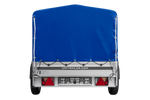 Einachsiger Anhänger auf Blattfedern mit Aluminiumseitenwänden 230x125 Unitrailer Garden 230/R KIPP ALU mit H-800 Rahmen und blauer Plane