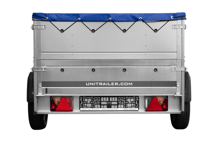 Leichtanhänger auf Blattfedern 200x125 UNITRAILER GARDEN 201/R KIPP mit BIS-Seiten, H-0-Rahmen und blauer Plane