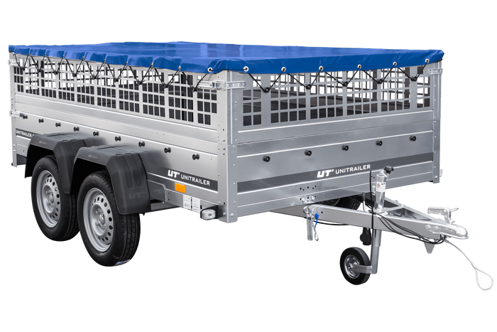 Leichter Anhänger 264x150 UNITRAILER GARDEN 265/2 KIPP mit Gitterwänden, H-0-Rahmen und blauer Plane