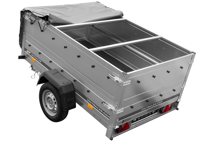 PKW-Anhänger 200x125 UNITRAILER GARDEN 201 KIPP mit Bordwandaufsatz, grauer Flachplane und Flachplanenträger