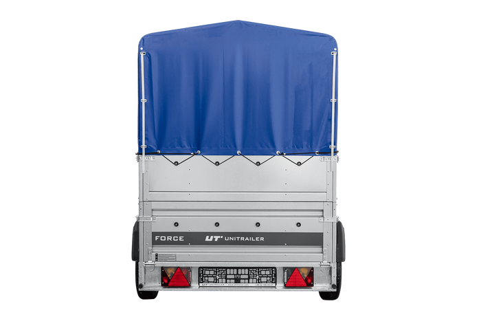 Autotransportanhänger 230x125 UNITRAILER FORCE 230 KIPP mit BIS-Seitenwänden, H-800-Rahmen und blauer Plane